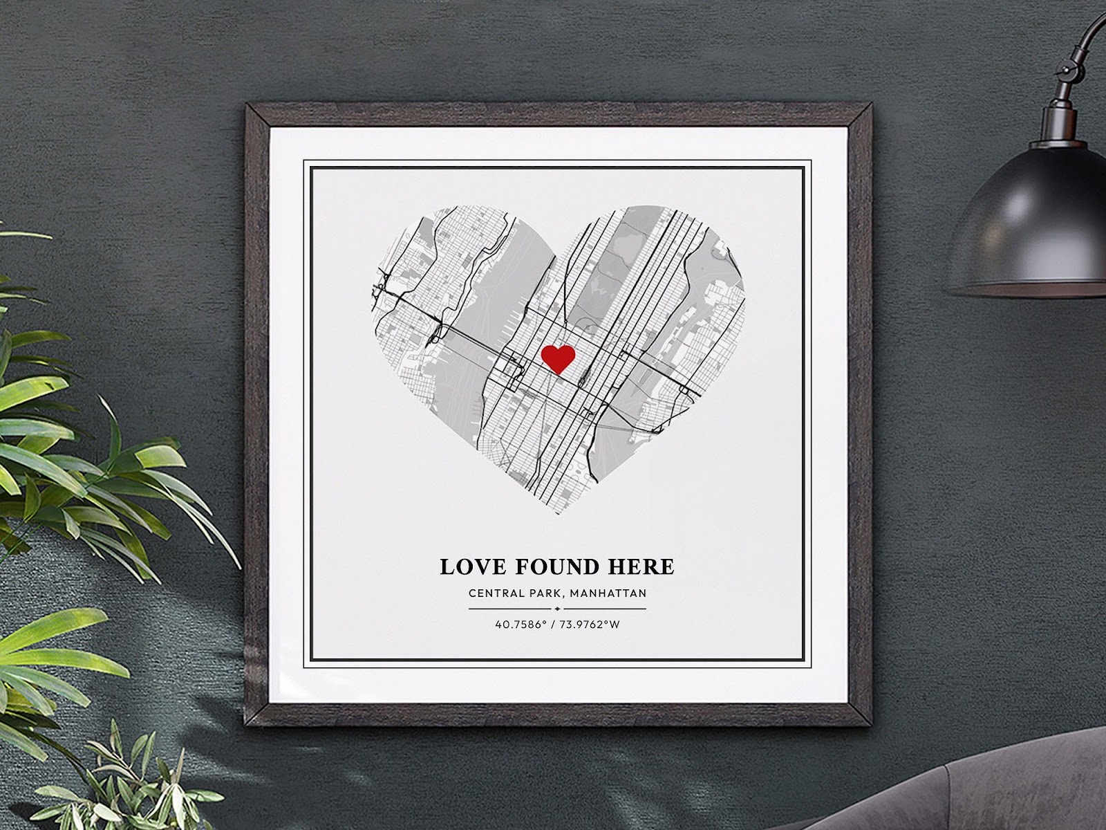 A square frame that says Love Found Here from Our First Date Maps.