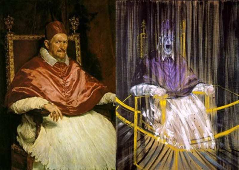 Left: Study after Velazquez’s Portrait of Pope Innocent X, by Bacon 1953. Right: Portrait of Pope Innocent X, by Velazquez 1650