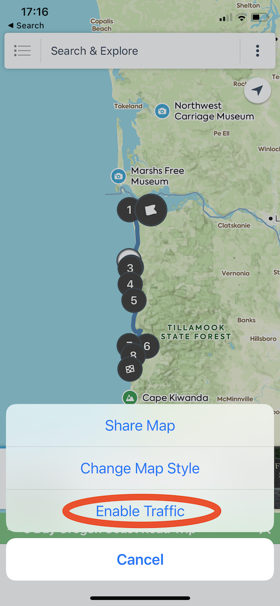 screen shot of how to enable traffic in Roadtrippers