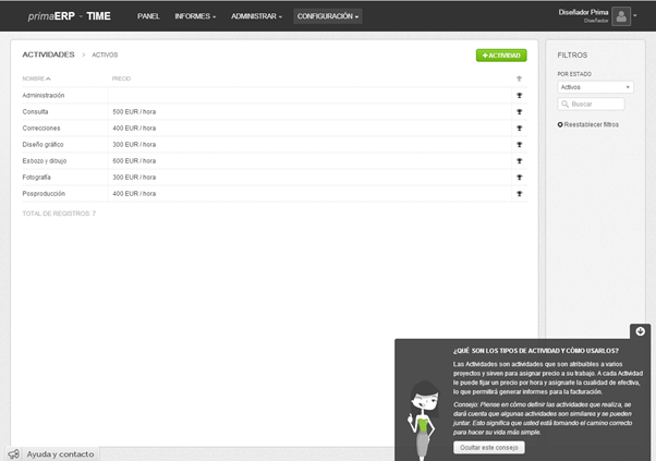 Configuración de actividades en primaERP TIME TRACKING. Configuración de actividades en primaERP TIME TRACKING.