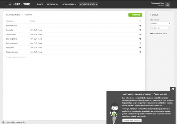 Configuración de actividades en primaERP TIME TRACKING.