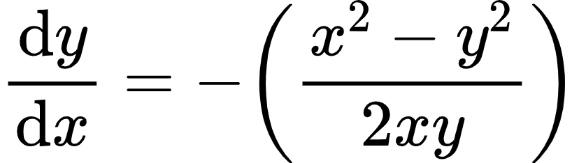 {"type":"align*","id":"8-0-1-1-0","code":"\\begin{align*}\n{\\diff{y}{x}}&={-\\left(\\frac{x^{2}-y^{2}}{2xy}\\right)}\t\n\\end{align*}","font":{"family":"Arial","size":10,"color":"#000000"},"ts":1604048286760,"cs":"XdfeFpOdUtc302q53KNKeg==","size":{"width":137,"height":38}}