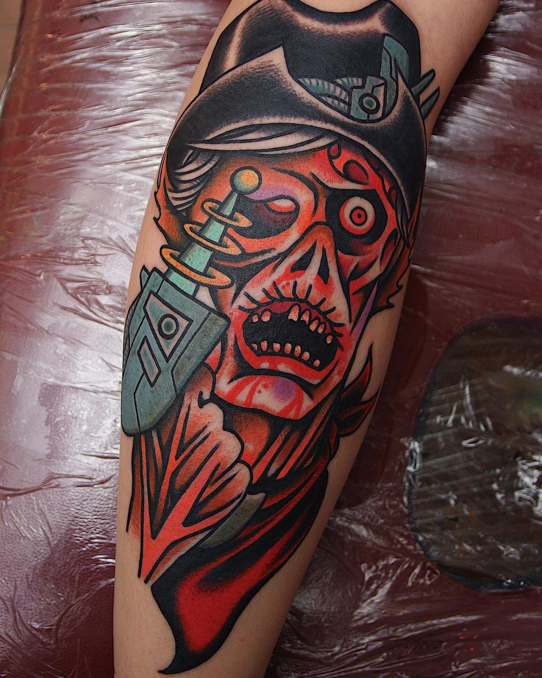 Zombie Alien Cowboy Tattoo On Leg