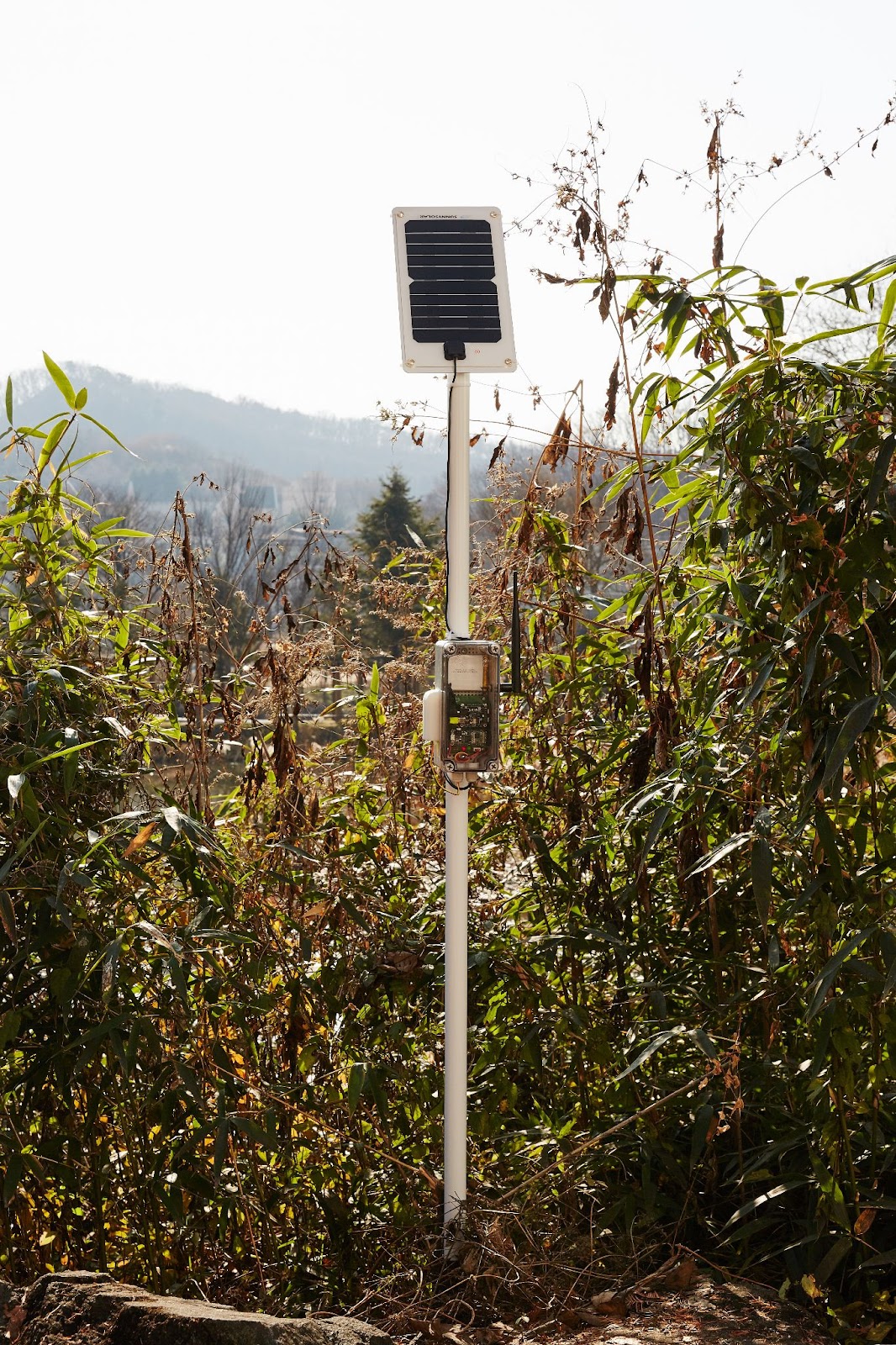 Image description: solar powered computer with environmental sensors outside of the gallery