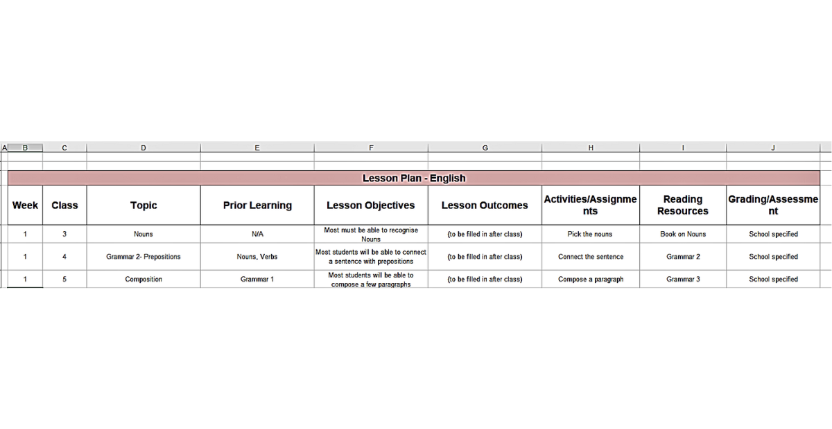 lesson plan | create a spreadsheet with headers for a lesson plan