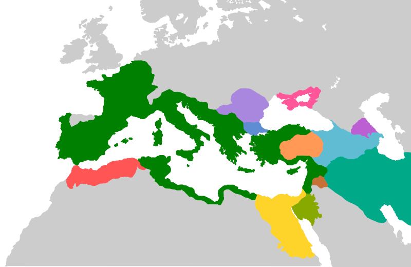 Map of the Roman provinces and subject kingdoms over the course of the Republic, culminating in the addition of Egypt under Augustus Caesar.