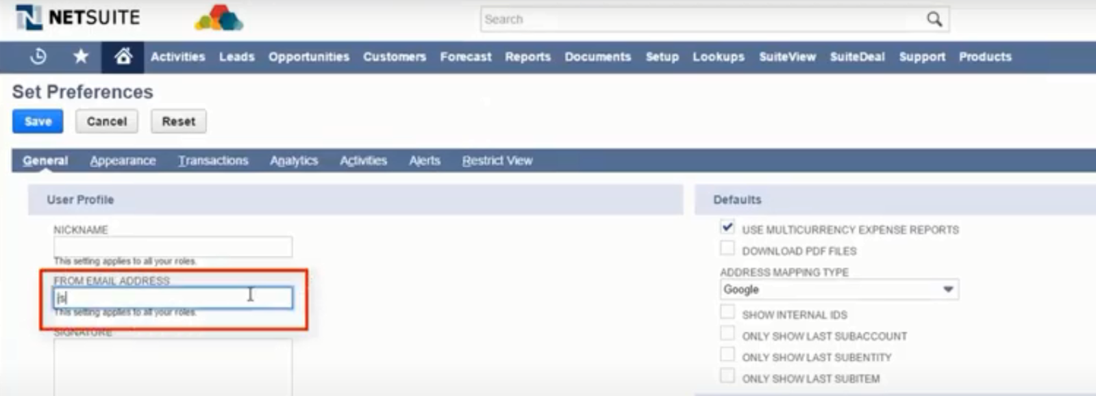 NetSuite set preferences tab