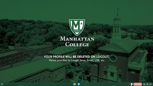 Manhattan College Desktop Background. It is green with the Manhattan College shield logo in the center.