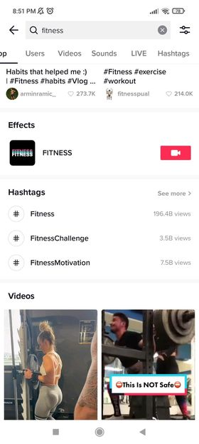 TikTok search results for fitness