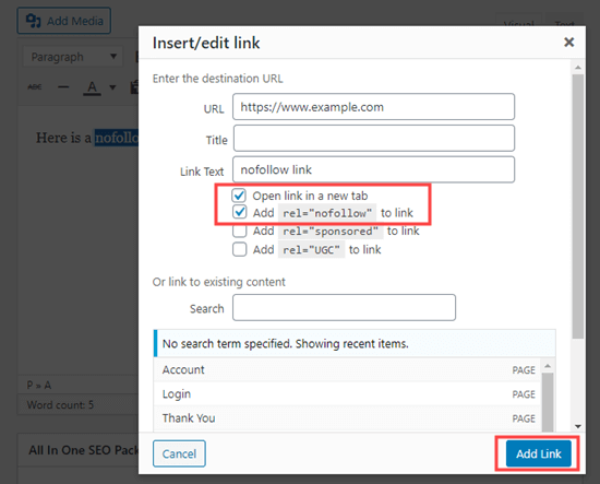 A opção nofollow adicionada pelo All-in-One SEO, no editor clássico