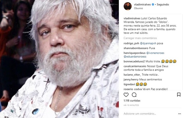 Vladimir Alves confirma morte de Carlos Eduardo Miranda (Foto: Reprodução/Instagram)