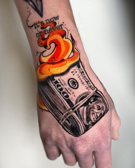 Colored Burning Money Tattoo Design