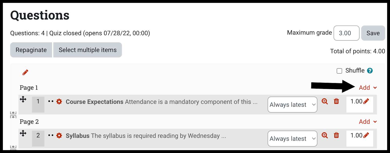 Page of a quiz in Moodle with questions and an arrow pointing to the Add choice to add a new question to the quiz