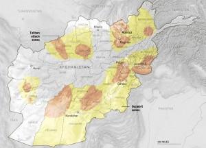 Taliban dominance and influence areas are marked in red and yellow.