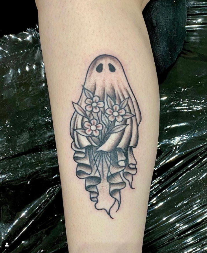 Ghost Holding Flowers Tattoo 