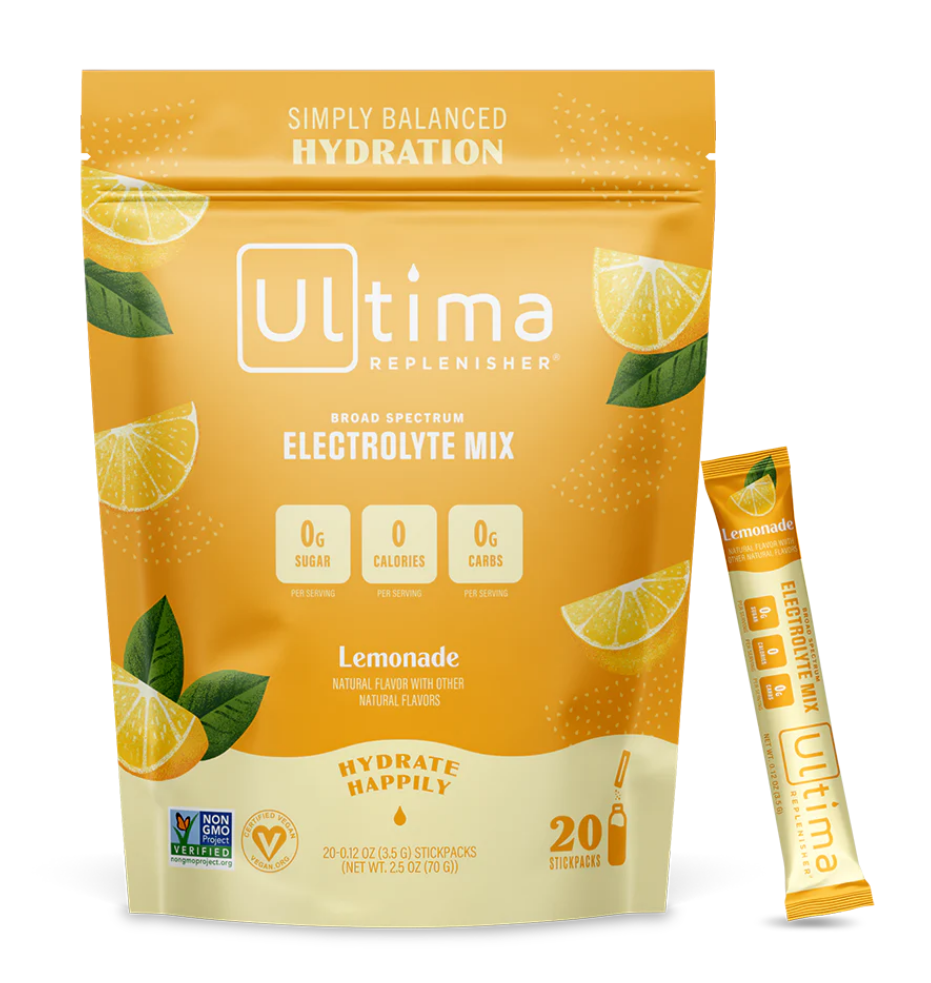 The photo shows a pouch of Ultima Replenisher Hydration Powder.