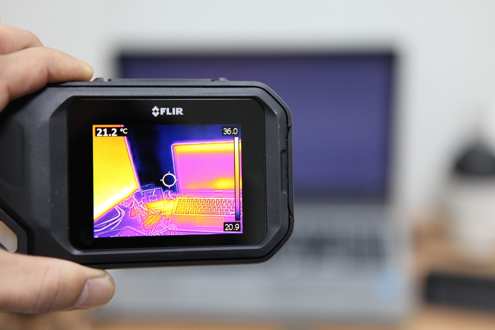 Flir thermal camera looking at a computer screen 