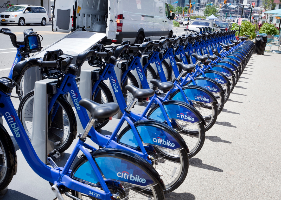 Bikes available for transportation in a major city.
