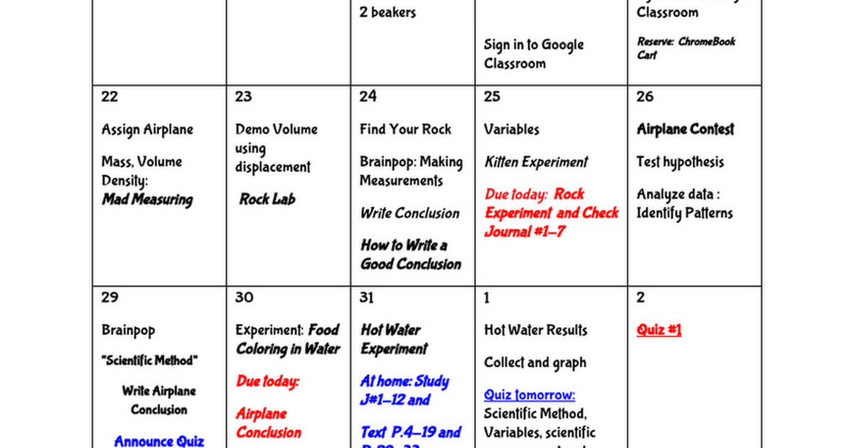 RVMS Science Unit 1 Calendar Google Docs