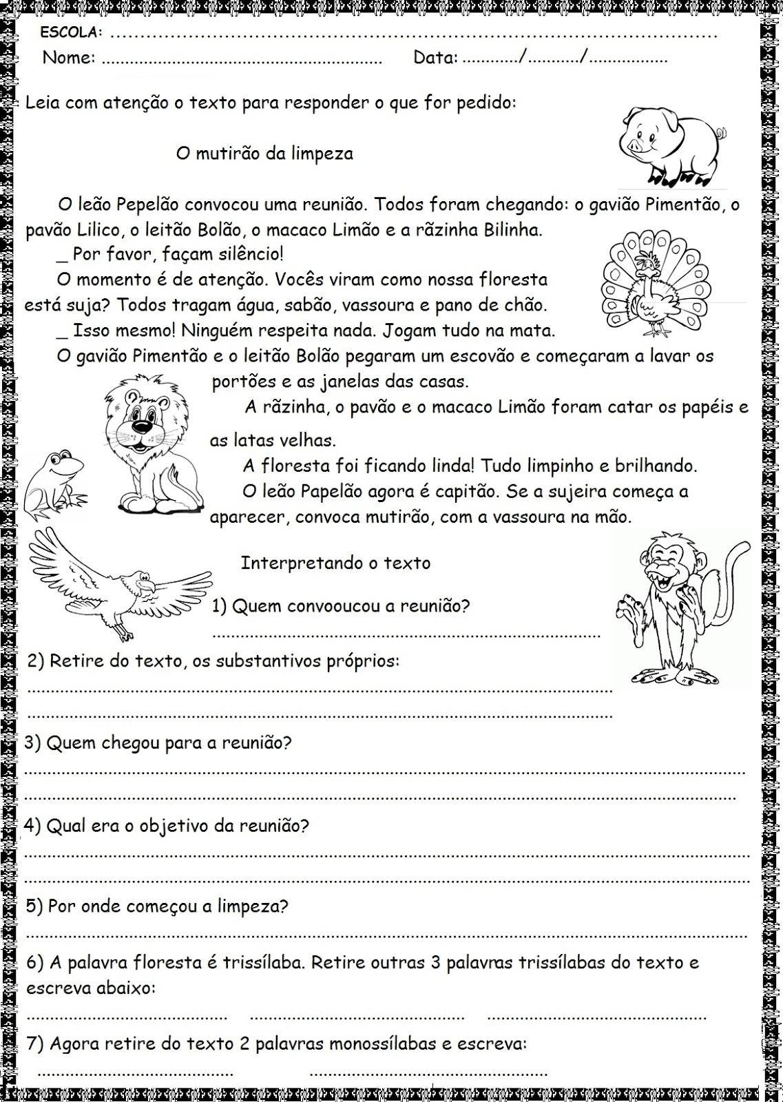 Interpretação de texto 1º, 2º, 3º e 4º Ano