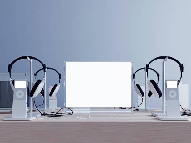 mockup screen with headphones and player. mockup screen with headphones and player. Stands for headphones and player. 3D render. monitor and headphone stands stock pictures, royalty-free photos & images