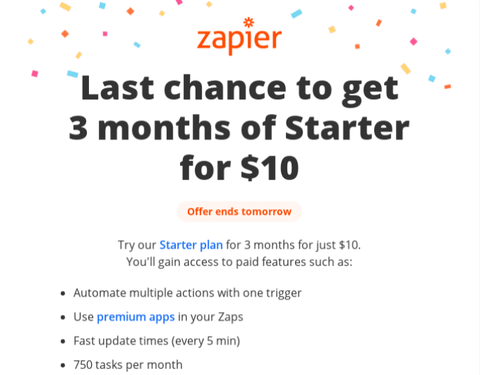 Zapier’s drip campaign email.