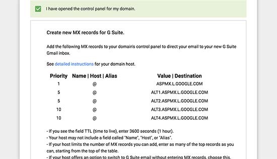 Registros MX do G Suite
