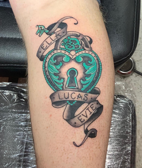 Old School Teal Locket And Key Tattoo