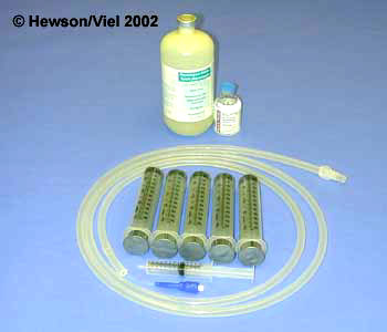 Tools necessary for bronchoalveolar lavage using a nasotracheal tube: Nasotracheal Bivona tube, 5 X 60 ml syringes, 10 ml syringe to inflate tube cuff, Sterile saline, lidocaine (diluted to 0.4%).