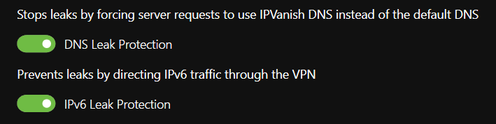 IPVanish IP and DNS leak protection settings