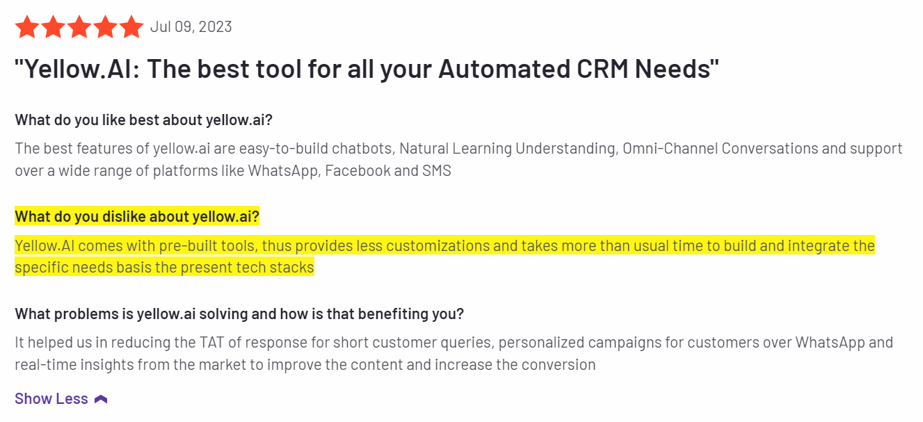 WhatsApp Business API and Messaging Solution Providers | yellow.ai customer review highlighting its pros and cons