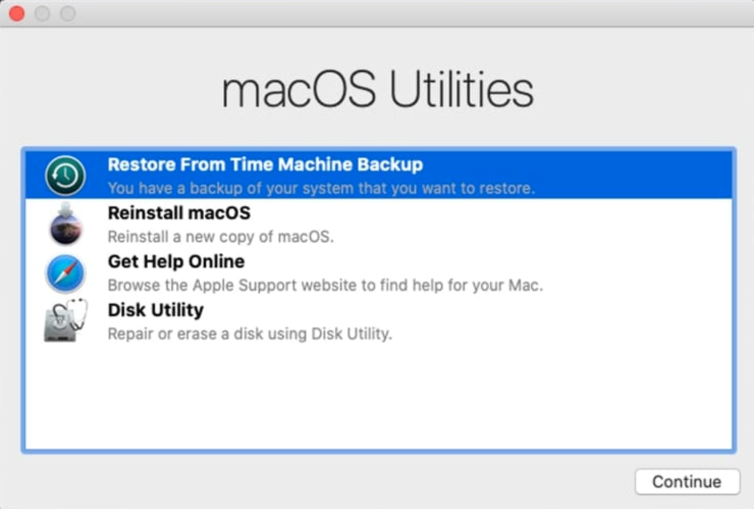 macOS Utilities > Restore From Time Machine Backup