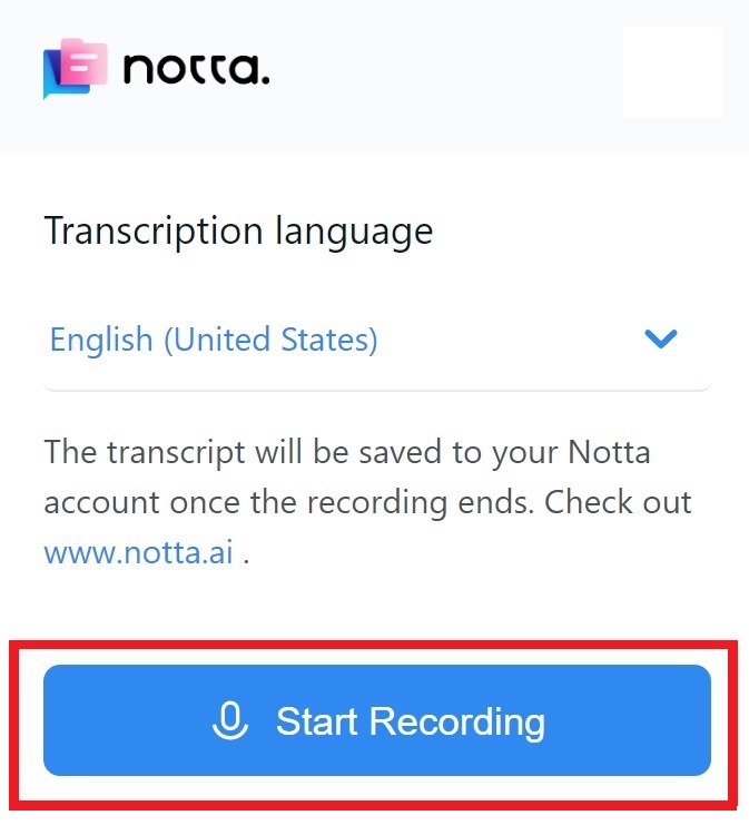A red rectangle around Start Recording button of Notta Chrome extension.