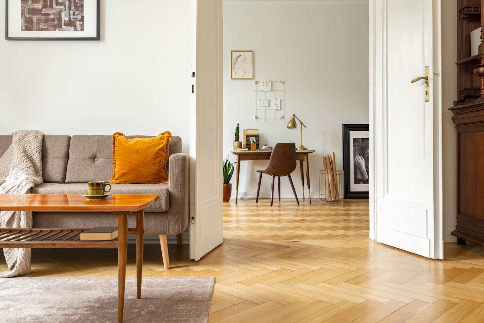 open living room showing doorway leading to office space