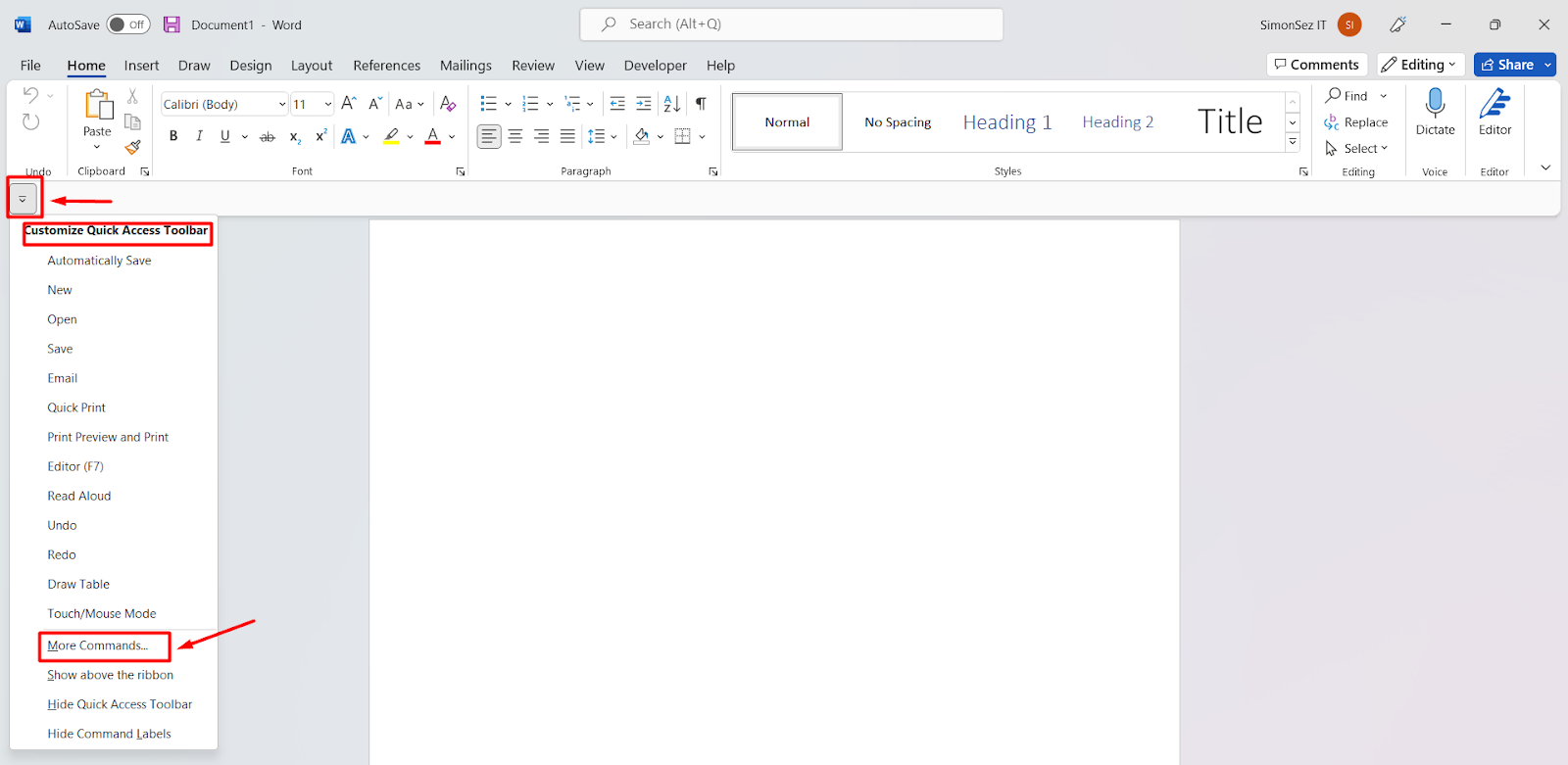 How to save a word document - Select More Commands