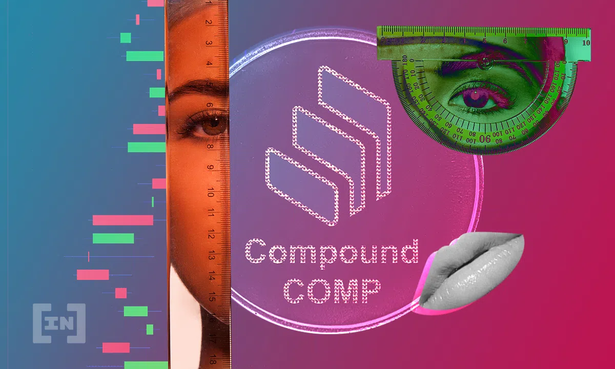 Ein abstraktes Compound Finance Logo mit dem Token (COMP) in der Mitte und je einem Linien auf jeder Seite, das mit einer weiblichen, transparenten Gesichtshälfte hinterlegt wurde. Eine Illustration von BeInCrypto.com.