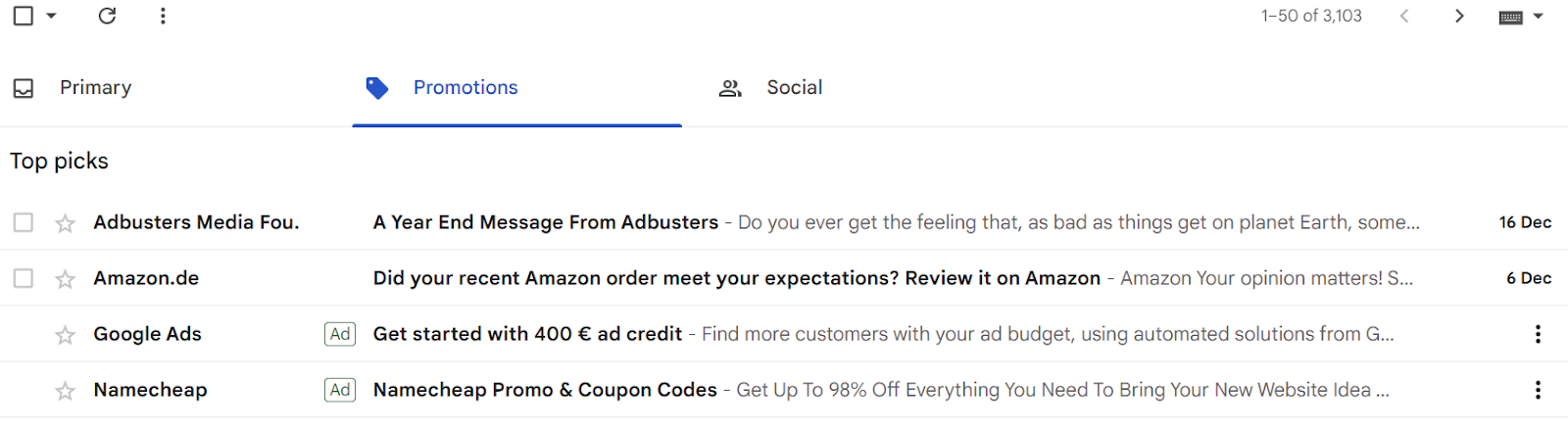 Google Ads Discovery Campaign result example in Gmail 