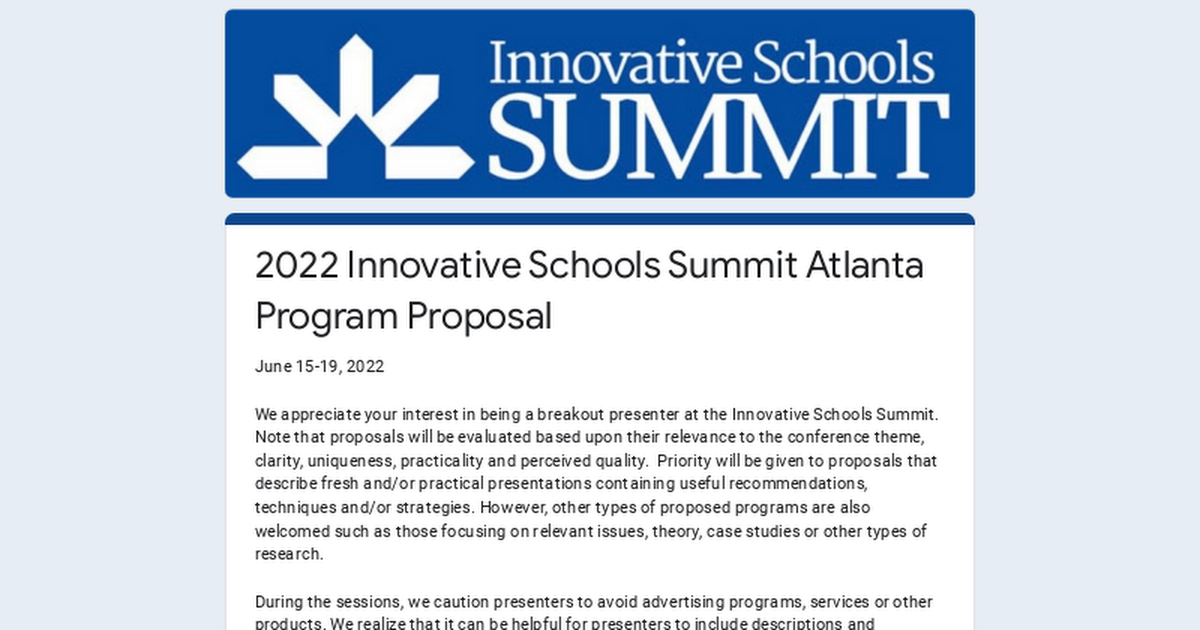 2022 Innovative Schools Summit Atlanta Program Proposal