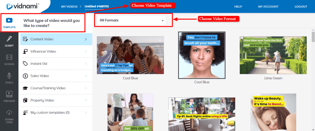 Vidnami-choose-video-template-and-format