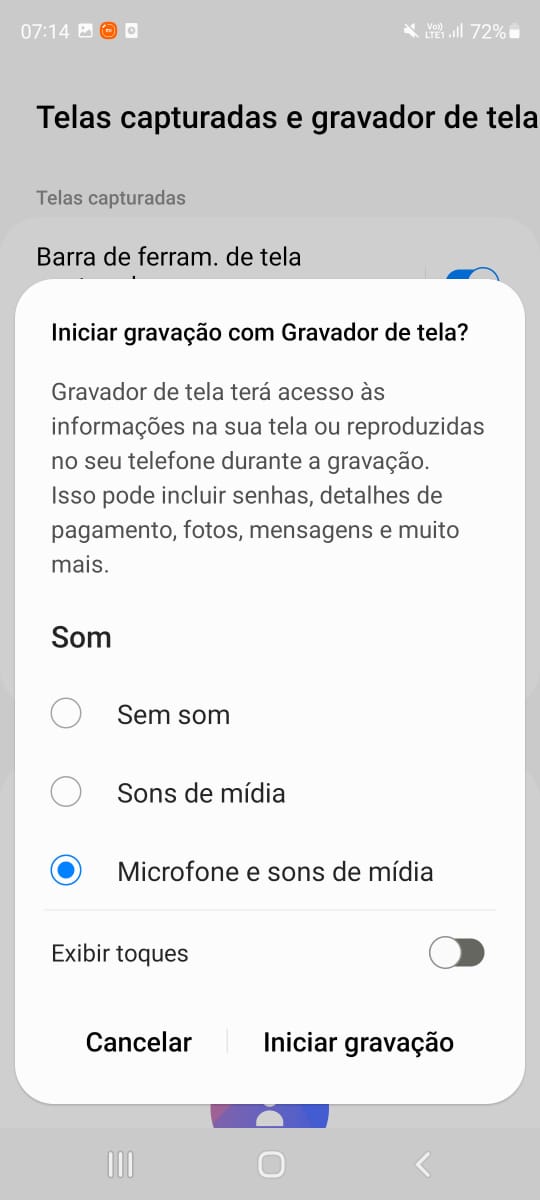 Captura de tela de um smartphone Android mostrando as opções nativas da função "gravar tela Android"