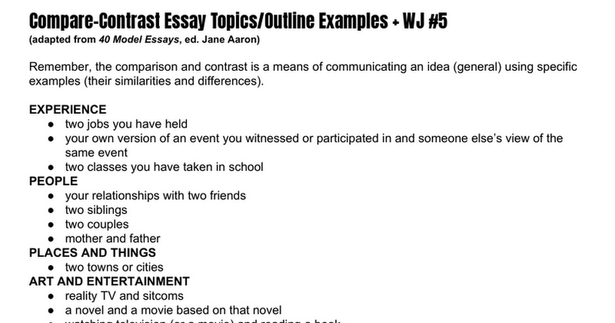 Comparison and contrast essay outline examples