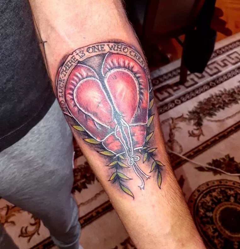 Amazing Red Heart Design Boxing Gloves Tattoo