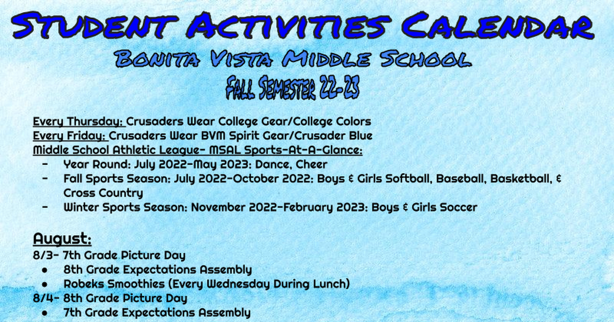 Student Activities Calendar Fall 2022