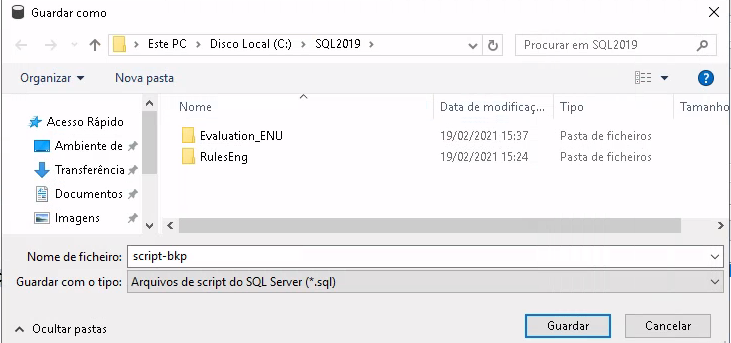 Janela automática do Windows para escolher o local de salvar o arquivo, com o menu do Windows ao lado esquerdo, aberto dentro da pasta principal do SQL 2019.