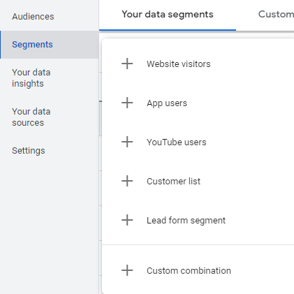 Screen shot of your data segments in Google ads