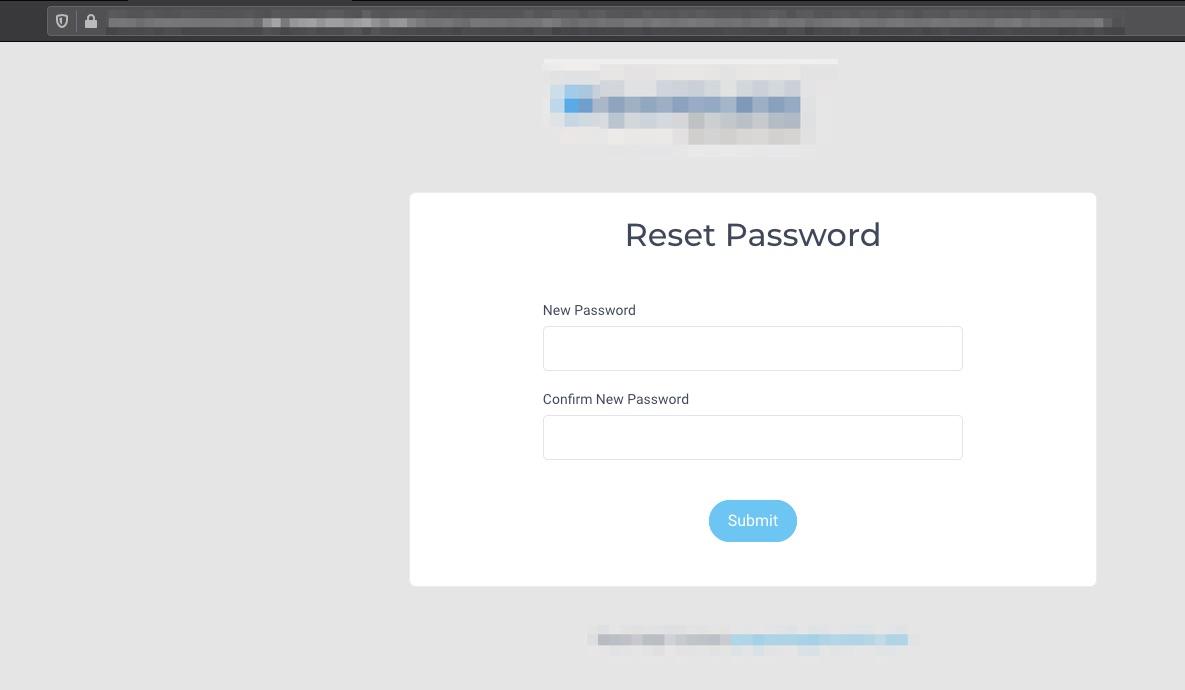 A screenshot of the reset password page, two spots for a new password and to confirm it are on a white application page. 