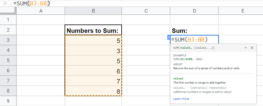 Shows how to use the SUM formula