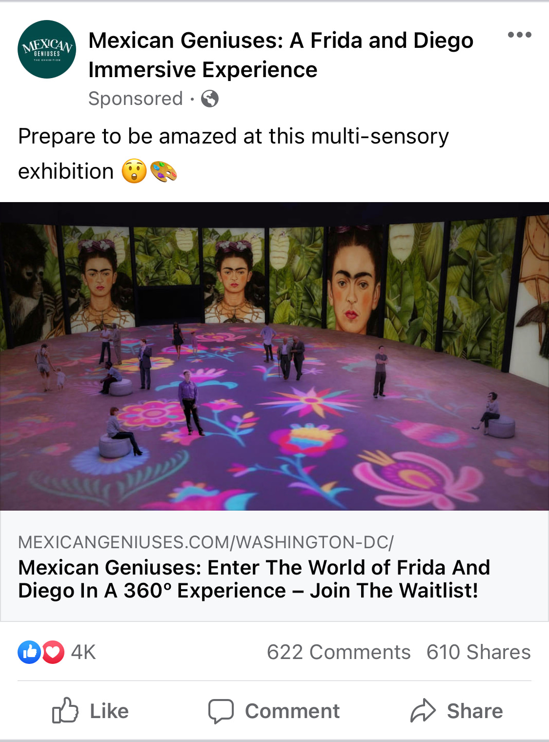 Sponsored Facebook post Mexican Geniuses: A Frida and Diega Immersive Experience - social commerce