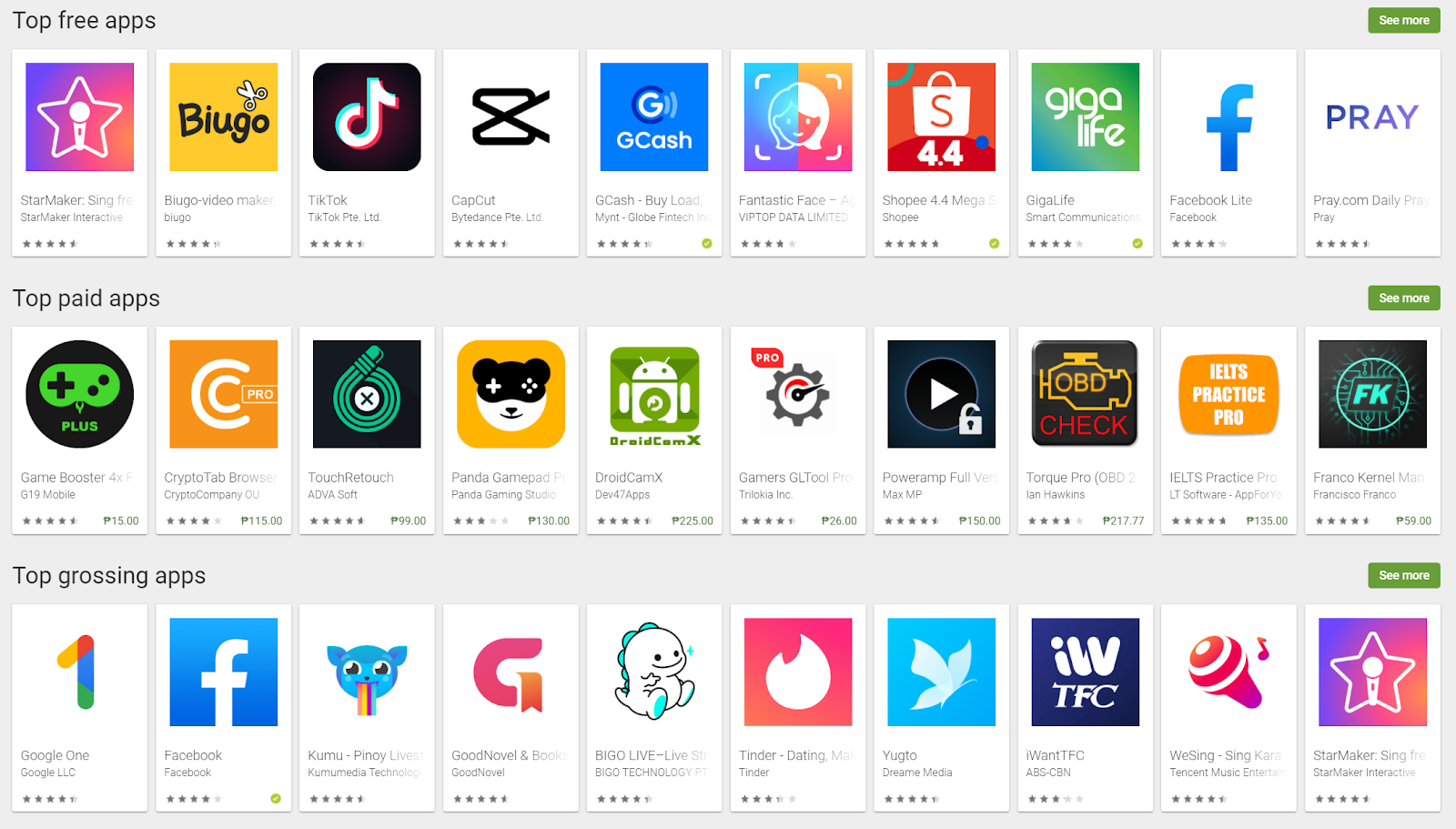 Screenshot of the featured apps in the Google Play Store.