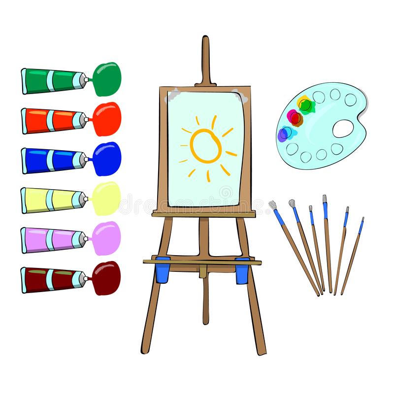 Various Art Supplies Set Isolated Illustration On White Background. Cartoon  Style Easel, Watercolor Paints, Different Brush Stock Illustration -  Illustration of craft, object: 103299062
